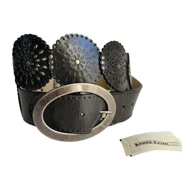 Black Leather Statement Belt Silver Buckle Western Cutout Amiee Lynn 2X -3X - Picture 2 of 12